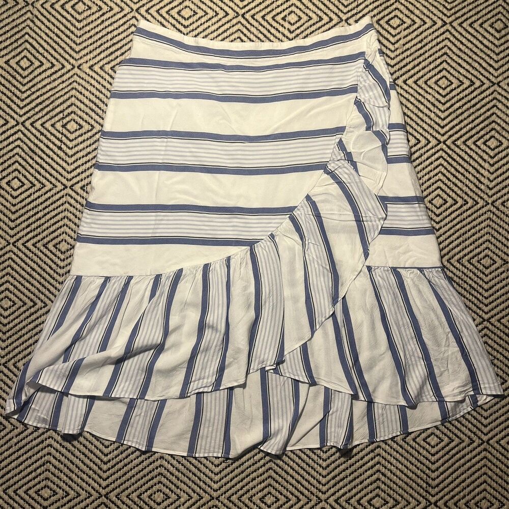 Coastal White Blue Midi Wrap Ruffle Striped Nautical Beach Skirt size 16